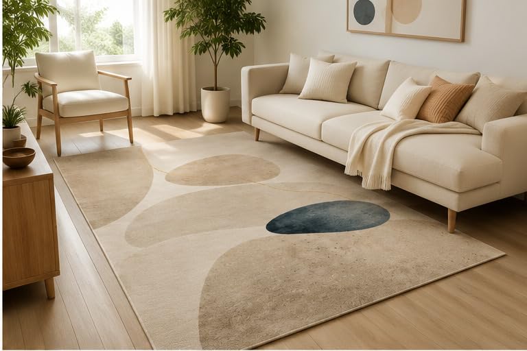ICE ARMOR 5' x 7' Minimal Organic Abstract Area Rug, Soft Low Pile Indoor Rug with Non-Slip Silicone Backing, Contemporary Carpet for Living Room, Bedroom, Office, Family Room, Beige Blue