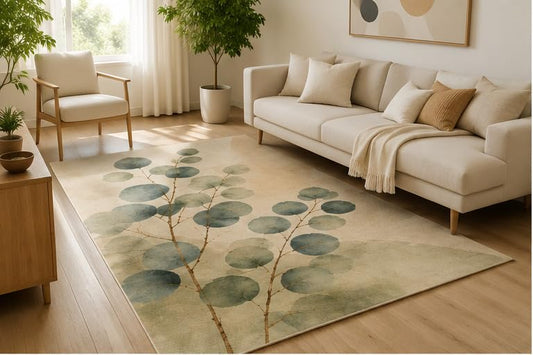 ICE ARMOR 5' x 7' Watercolor Eucalyptus Botanical Area Rug, Soft Low Pile Indoor Rug with Non-Slip Silicone Backing, Nature Carpet for Living Room, Bedroom, Office, Family Room, Sage Green