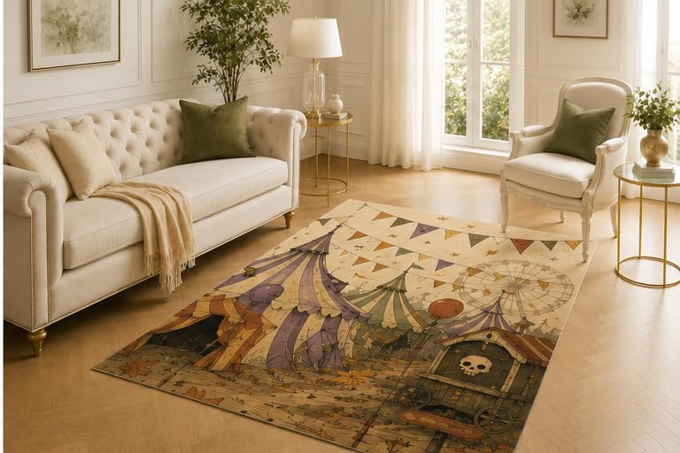 ICE ARMOR 5' x 7' Haunted Carnival Rug, Circus Tent Ferris Wheel and Skull Wagon Artwork, Smooth Printed Floor Cover for Playroom, Lounge and Halloween Decor