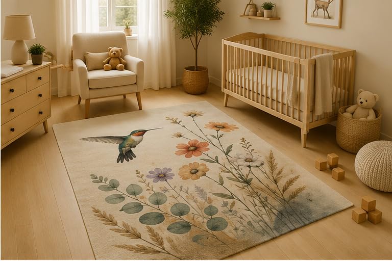 ICE ARMOR 5' x 7' Hummingbird Wildflower Garden Area Rug, Soft Low Pile Indoor Rug with Non-Slip Silicone Backing, Botanical Bird Carpet for Nursery, Bedroom, Playroom, Kids Room, Beige Multicolor