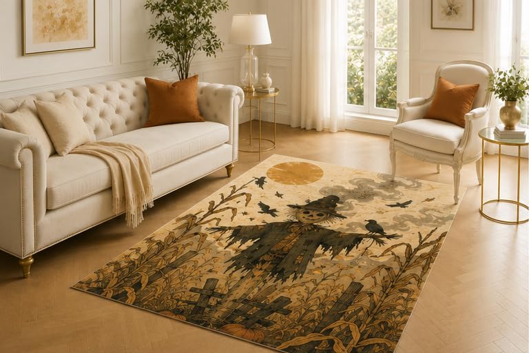 ICE ARMOR 5' x 7' Scarecrow Cornfield Rug, Raven Moon Harvest Artwork, Smooth Printed Floor Cover for Living Room, Bedroom, Entryway and Rustic Autumn Decor