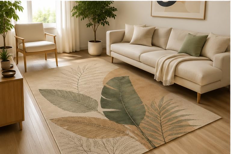 ICE Armor 5' x 7' Tropical Leaf Botanical Area Rug, Soft Low Pile Indoor Rug with Non-Slip Silicone Backing, Contemporary Nature Carpet for Living Room, Bedroom, Dining Room, Office, Beige Sage Green