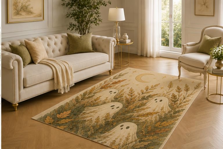 ICE ARMOR 5' x 7' Woodland Ghost Rug, Moonlit Fern and Falling Leaf Artwork, Smooth Printed Floor Cover for Nursery, Bedroom, Playroom and Halloween Decor