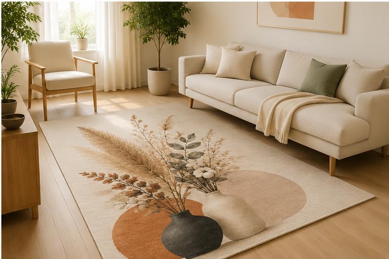 ICE ARMOR 5' x 7' Dried Pampas Floral Vase Area Rug, Soft Low Pile Indoor Rug with Non-Slip Silicone Backing, Boho Botanical Carpet for Living Room, Bedroom, Office, Family Room, Beige Brown