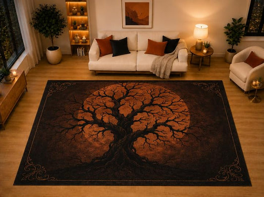 ICE ARMOR "Ultra Light Weight Large 6'7" x 9'10" Tree Full Moon Gothic Area Rug for Living Room Bedroom, Soft Low Pile Non-Slip Backing, Orange Black Autumn Halloween Decor