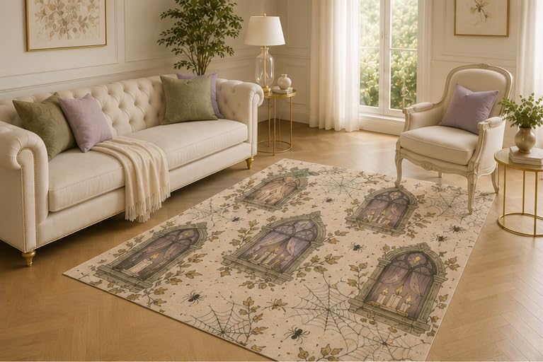 ICE ARMOR 5' x 7' Haunted Window Rug, Candle Spider Web and Gothic Motif, Smooth Printed Floor Cover for Lounge, Office, Library, Bedroom and Victorian Home Decor
