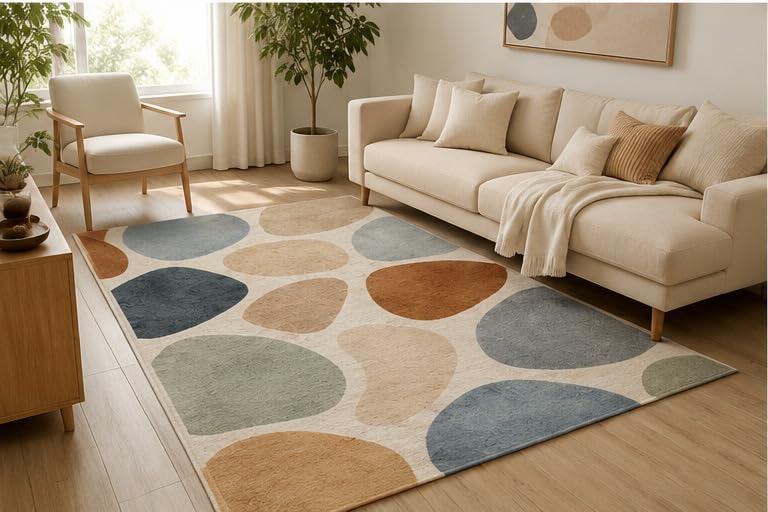 ICE ARMOR 5' x 7' Scandinavian Organic Shapes Area Rug, Soft Low Pile Indoor Rug with Non-Slip Silicone Backing, Modern Carpet for Living Room, Bedroom, Dining Room, Office, Beige Blue