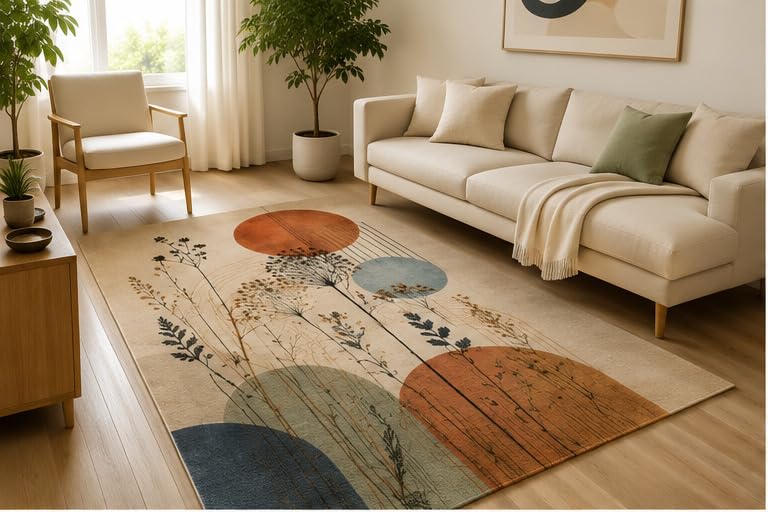 ICE ARMOR 5' x 7' Wild Meadow Botanical Abstract Area Rug, Soft Low Pile Indoor Rug with Non-Slip Silicone Backing, Modern Floral Carpet for Living Room, Bedroom, Office, Beige Rust Blue