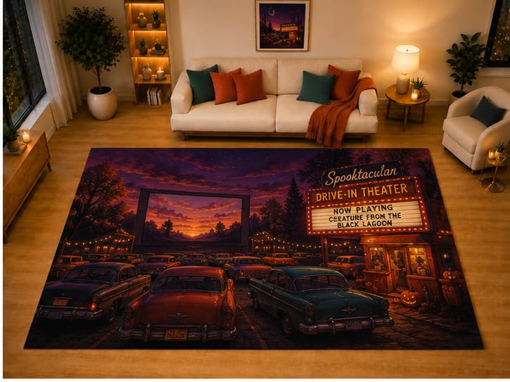 ICE ARMOR "Ultra Light Weight Large 6'7" x 9'10" Halloween Drive-in Theater Area Rug for Living Room Bedroom Dining Area, Soft Low Pile Non-Slip Backing, Black Orange Purple Retro Movie Decor