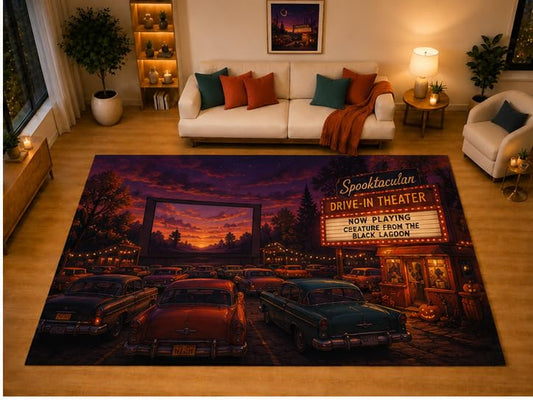 ICE ARMOR "Ultra Light Weight Large 6'7" x 9'10" Halloween Drive-in Theater Area Rug for Living Room Bedroom Dining Area, Soft Low Pile Non-Slip Backing, Black Orange Purple Retro Movie Decor