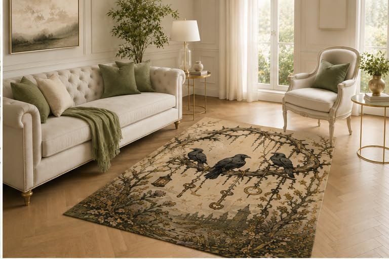 ICE ARMOR 5' x 7' Raven Key Rug, Gothic Bird Archway and Hanging Charm Artwork, Smooth Printed Floor Cover for Library, Office, Lounge and Dark Academia Decor