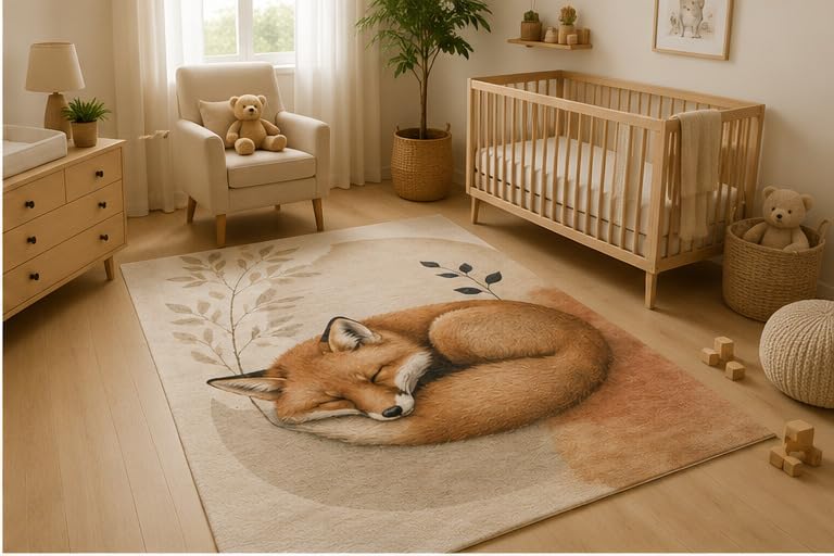 ICE ARMOR 5' x 7' Sleeping Fox Woodland Area Rug, Soft Low Pile Indoor Rug with Non-Slip Silicone Backing, Forest Animal Carpet for Nursery, Kids Room, Playroom, Bedroom, Kids and Pets, Orange Beige
