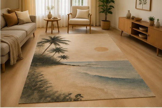 ICE ARMOR 5' x 7' Tropical Beach Palm Area Rug Soft Low Pile Indoor Rug with Non-Slip Silicone Backing Coastal Decor Carpet for Living Room Bedroom Dining Room Office Family Room Beige Blue