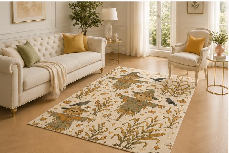 ICE ARMOR 5' x 7' Scarecrow Cornfield Rug, Crow Pumpkin and Autumn Harvest Design, Smooth Printed Floor Cover for Entryway, Farmhouse, Kitchen and Seasonal Decor