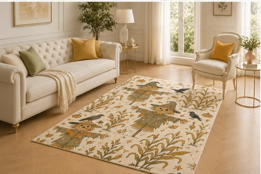 ICE ARMOR 5' x 7' Scarecrow Cornfield Rug, Crow Pumpkin and Autumn Harvest Design, Smooth Printed Floor Cover for Entryway, Farmhouse, Kitchen and Seasonal Decor