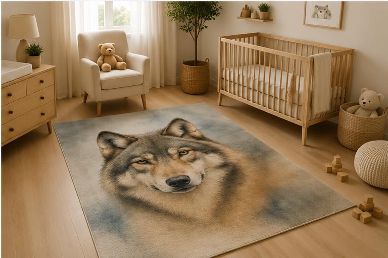 ICE ARMOR 5' x 7' Wolf Wildlife Area Rug, Soft Low Pile Indoor Rug with Non-Slip Silicone Backing, Woodland Animal Carpet for Living Room, Bedroom, Nursery, Family Room, Gray Blue