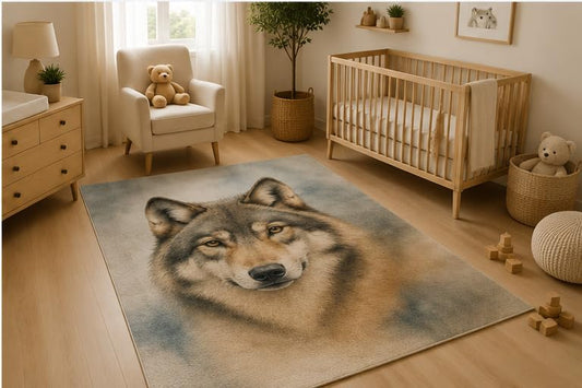 ICE ARMOR 5' x 7' Wolf Wildlife Area Rug, Soft Low Pile Indoor Rug with Non-Slip Silicone Backing, Woodland Animal Carpet for Living Room, Bedroom, Nursery, Family Room, Gray Blue