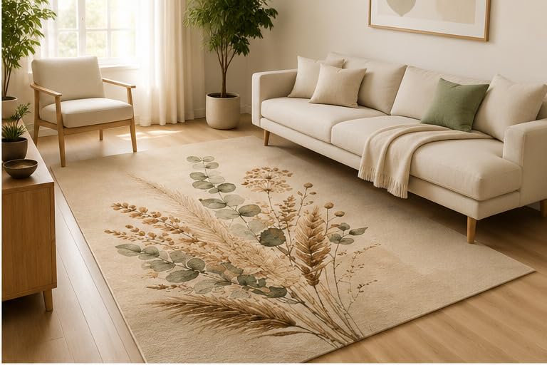 ICE ARMOR 5' x 7' Dried Wildflower Botanical Bouquet Area Rug, Soft Low Pile Indoor Rug with Non-Slip Silicone Backing, Farmhouse Decorative Carpet for Living Room, Bedroom, Office, Beige Sage Green