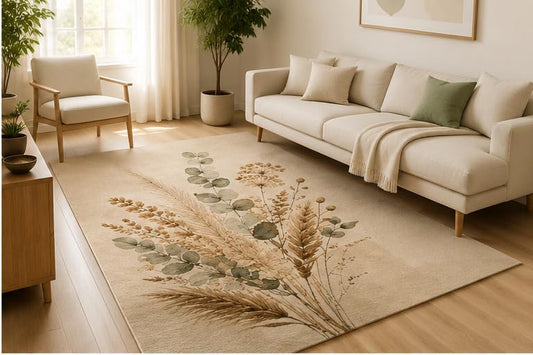 ICE ARMOR 5' x 7' Dried Wildflower Botanical Bouquet Area Rug, Soft Low Pile Indoor Rug with Non-Slip Silicone Backing, Farmhouse Decorative Carpet for Living Room, Bedroom, Office, Beige Sage Green