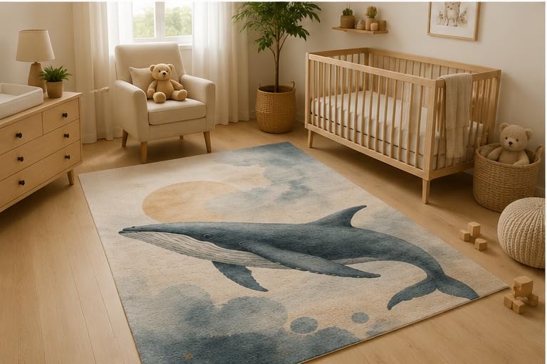 ICE ARMOR 5' x 7' Blue Whale Ocean Area Rug, Soft Low Pile Indoor Rug with Non-Slip Silicone Backing, Marine Animal Carpet for Nursery, Kids Room, Playroom, Bedroom, Kids and Pets, Blue Beige