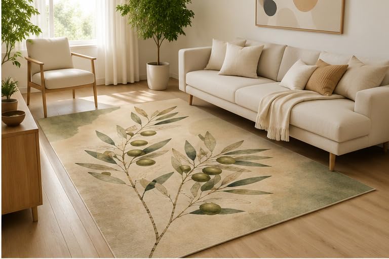 ICE ARMOR 5' x 7' Olive Branch Botanical Area Rug, Soft Low Pile Indoor Rug with Non-Slip Silicone Backing, Farmhouse Carpet for Living Room, Bedroom, Dining Room, Office, Green Beige
