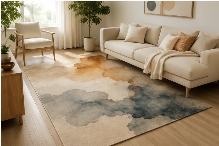 ICE ARMOR 5' x 7' Watercolor Abstract Wash Area Rug, Soft Low Pile Indoor Rug with Non-Slip Silicone Backing, Modern Carpet for Living Room, Bedroom, Dining Room, Office, Beige Blue