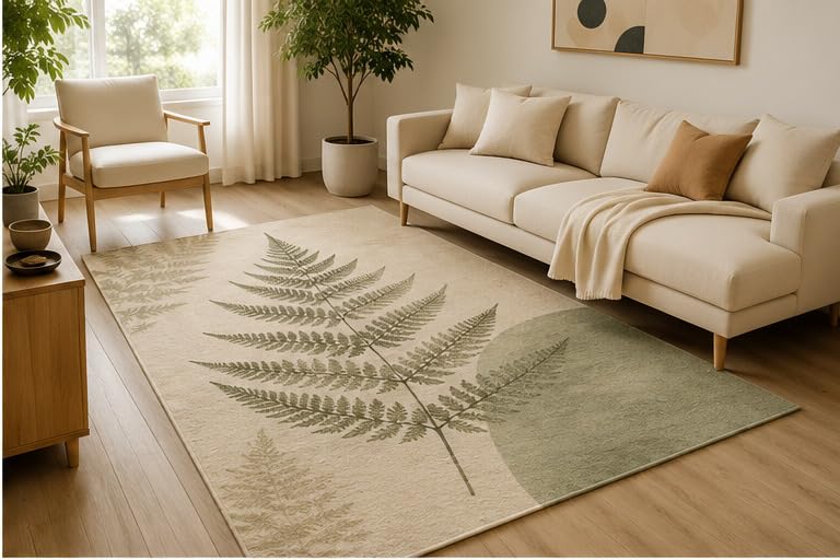 ICE ARMOR 5' x 7' Minimal Fern Leaf Botanical Area Rug, Soft Low Pile Indoor Rug with Non-Slip Silicone Backing, Nature Inspired Carpet for Living Room, Bedroom, Office, Family Room, Beige Green