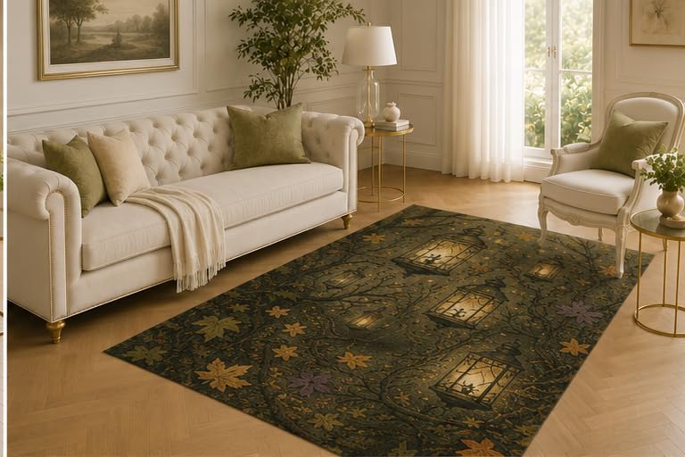 ICE ARMOR 5' x 7' Enchanted Lantern Rug, Glowing Window Autumn Floral Artwork, Smooth Printed Floor Cover for Bedroom, Reading Nook, Office and Woodland Decor