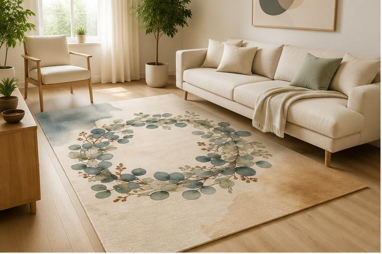 ICE ARMOR 5' x 7' Eucalyptus Wreath Botanical Area Rug, Soft Low Pile Indoor Rug with Non-Slip Silicone Backing, Farmhouse Decorative Carpet for Living Room, Bedroom, Nursery, Office, Sage Green