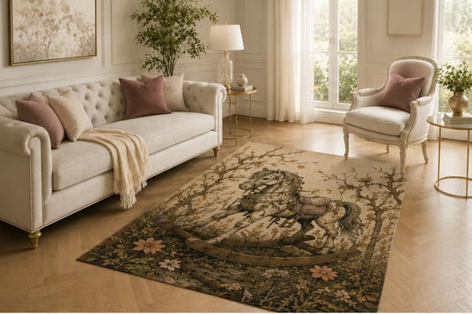 ICE ARMOR 5' x 7' Vintage Rocking Horse Rug, Floral Branch Antique Artwork, Smooth Printed Floor Cover for Nursery, Bedroom, Playroom and Storybook Decor