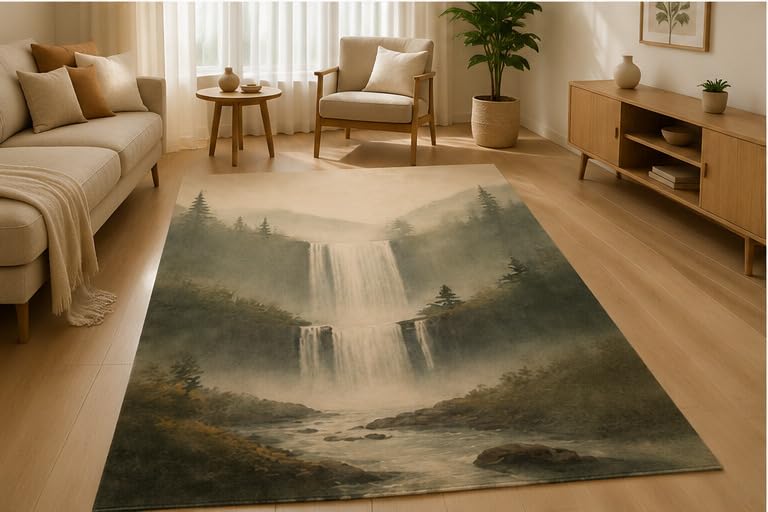 ICE ARMOR 5' x 7' Misty Waterfall Forest Area Rug Soft Low Pile Indoor Rug with Non-Slip Silicone Backing Nature Scenery Carpet for Living Room Bedroom Office Family Room Green Beige