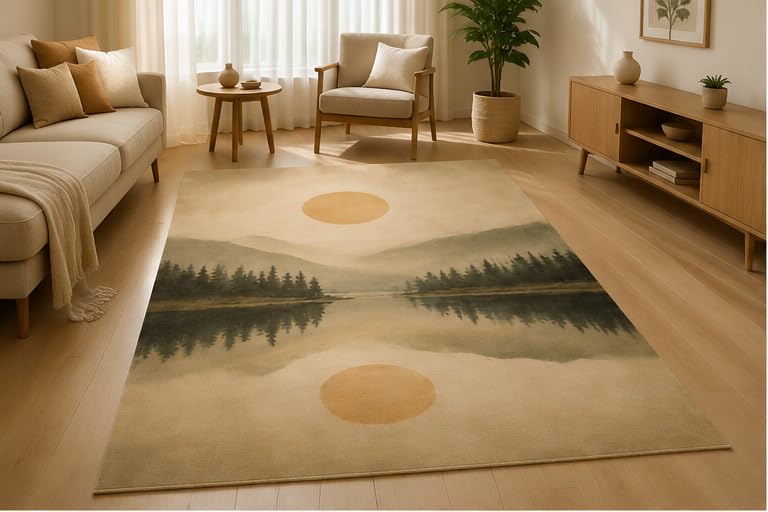 ICE ARMOR 5' x 7' Serene Lake Reflection Area Rug Soft Low Pile Indoor Rug with Non-Slip Silicone Backing Nature Inspired Carpet for Living Room Bedroom Dining Room Office Family Room Beige Green