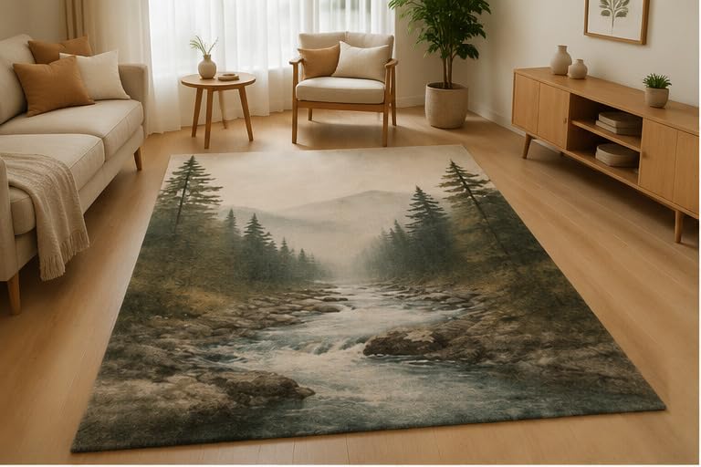ICE ARMOR 5' x 7' Mountain River Area Rug Soft Low Pile Indoor Rug with Non-Slip Silicone Backing Nature Inspired Carpet for Living Room Bedroom Office Family Room Green Beige