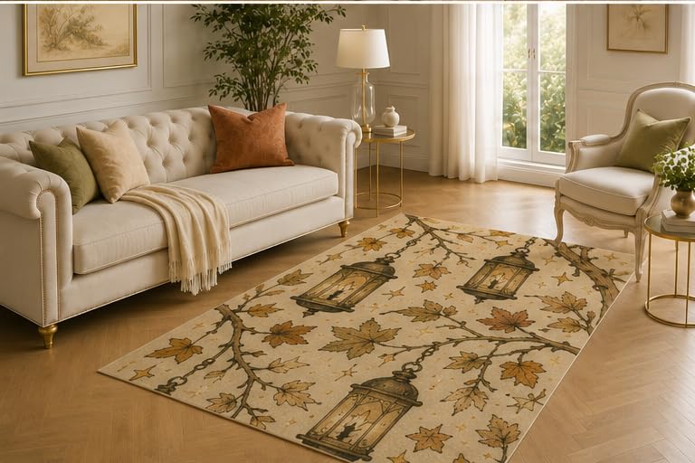 ICE ARMOR 5' x 7' Lantern Maple Rug, Branch Star and Seasonal Light Artwork, Smooth Printed Floor Cover for Hallway, Lounge, Office and Rustic Autumn Decor