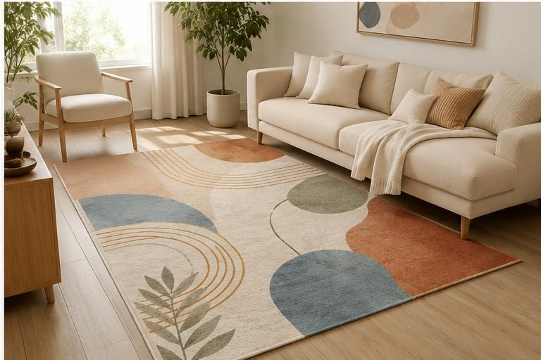 ICE ARMOR 5' x 7' Mid Century Botanical Abstract Area Rug, Soft Low Pile Indoor Rug with Non-Slip Silicone Backing, Modern Carpet for Living Room, Bedroom, Office, Family Room, Beige Terracotta