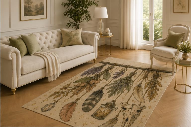 ICE ARMOR 5' x 7' Feather Herb Rug, Hanging Botanical Charm and Animal Skull Artwork, Smooth Printed Floor Cover for Office, Bedroom, Foyer and Rustic Bohemian Decor