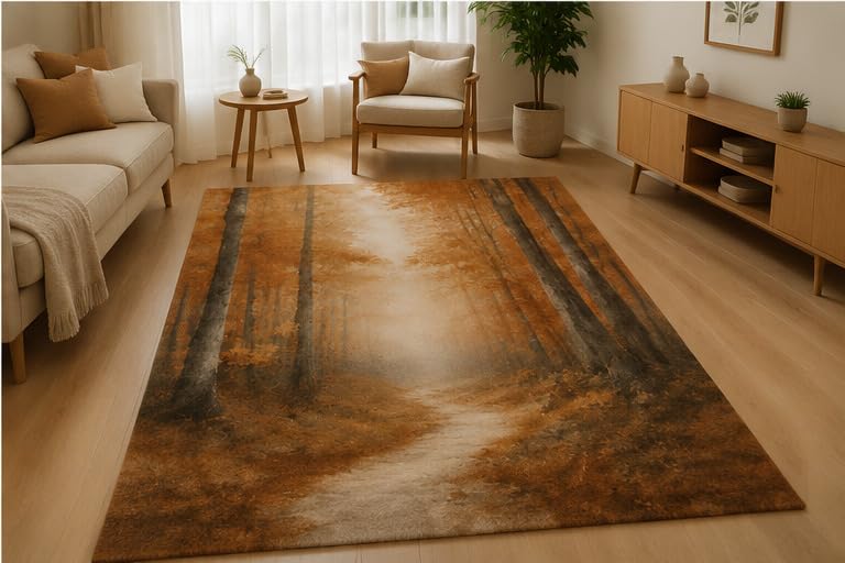 ICE ARMOR 5' x 7' Autumn Forest Path Area Rug Soft Low Pile Indoor Rug with Non-Slip Silicone Backing Woodland Nature Carpet for Living Room Bedroom Office Family Room Orange Brown