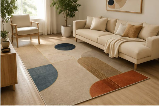 ICE ARMOR 5' x 7' Minimal Geometric Abstract Area Rug, Soft Low Pile Indoor Rug with Non-Slip Silicone Backing, Contemporary Carpet for Living Room, Bedroom, Office, Family Room, Beige Blue