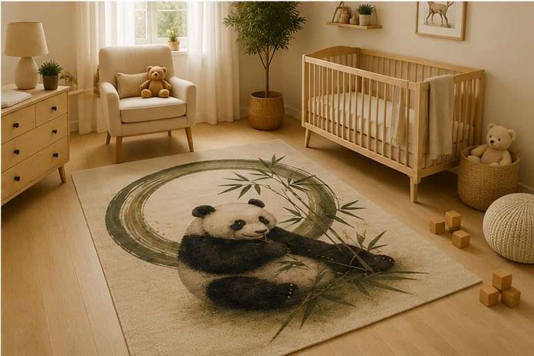 ICE ARMOR 5' x 7' Panda Bamboo Zen Area Rug, Soft Low Pile Indoor Rug with Non-Slip Silicone Backing, Woodland Animal Carpet for Nursery, Kids Room, Playroom, Bedroom, Kids and Pets, Beige Green