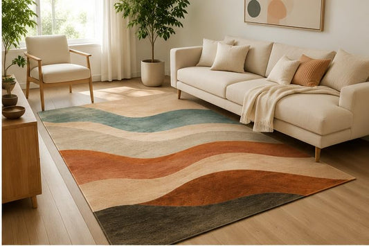 ICE ARMOR 5' x 7' Earth Tone Flowing Waves Area Rug, Soft Low Pile Indoor Rug with Non-Slip Silicone Backing, Modern Carpet for Living Room, Bedroom, Family Room, Office, Multicolor