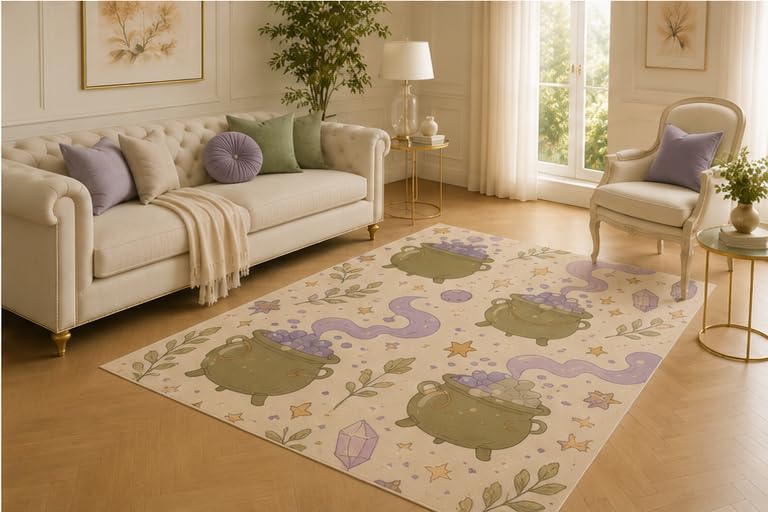 ICE ARMOR 5' x 7' Witch Cauldron Potion Rug, Crystal Smoke and Botanical Motif, Lightweight Anti-Skid Mat for Bedroom, Study, Lounge and Magical Home Decor