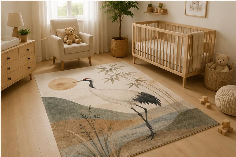 ICE ARMOR 5' x 7' Elegant Crane Nature Area Rug, Soft Low Pile Indoor Rug with Non-Slip Silicone Backing, Japanese Bird Carpet for Living Room, Bedroom, Nursery, Office, Beige Sage Green