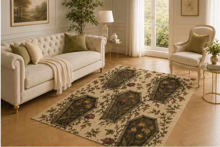 ICE ARMOR 5' x 7' Floral Coffin Rug, Rose Ivy and Botanical Artwork, Smooth Printed Floor Cover for Bedroom, Library, Entryway and Romantic Gothic Decor