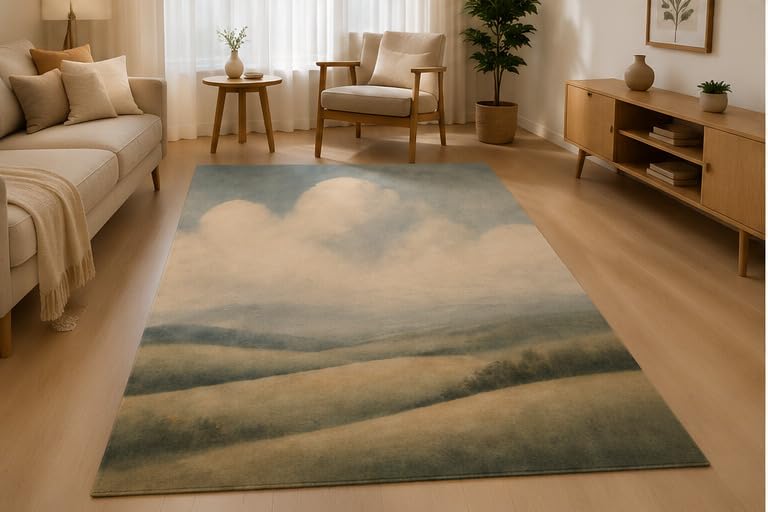 ICE ARMOR 5' x 7' Cloudy Mountain Hills Area Rug Soft Low Pile Indoor Rug with Non-Slip Silicone Backing Scenic Modern Carpet for Living Room Bedroom Dining Room Office Family Room Blue Beige