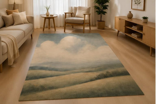 ICE ARMOR 5' x 7' Cloudy Mountain Hills Area Rug Soft Low Pile Indoor Rug with Non-Slip Silicone Backing Scenic Modern Carpet for Living Room Bedroom Dining Room Office Family Room Blue Beige