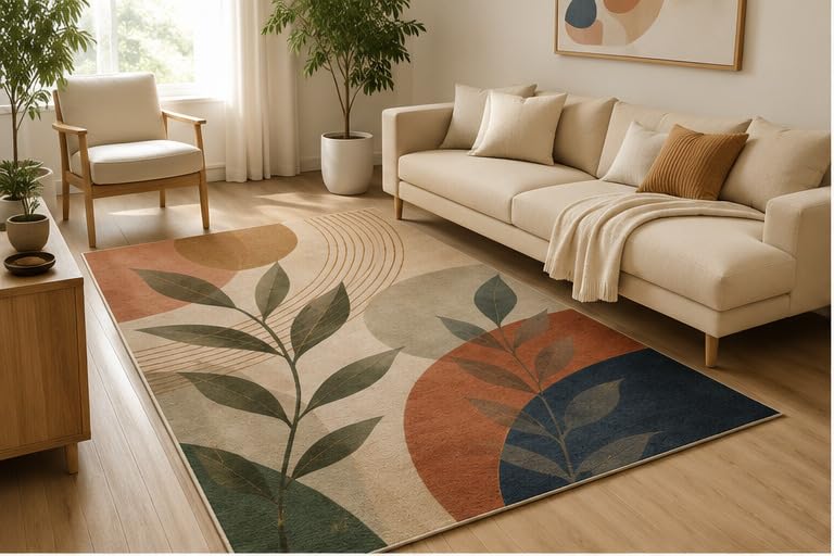 ICE ARMOR 5' x 7' Botanical Geometric Abstract Area Rug, Soft Low Pile Indoor Rug with Non-Slip Silicone Backing, Modern Carpet for Living Room, Bedroom, Office, Family Room, Beige Green