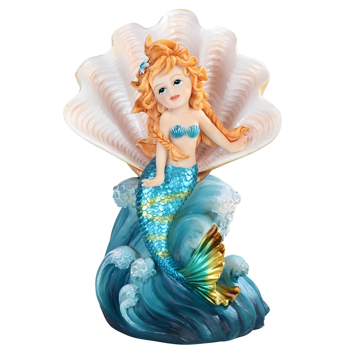 ICE ARMOR 7" H Blue Tailed Youth Mermaid Girl Sitting in Ocean Shell Mergirl Statue Fantasy Decoration Figurine