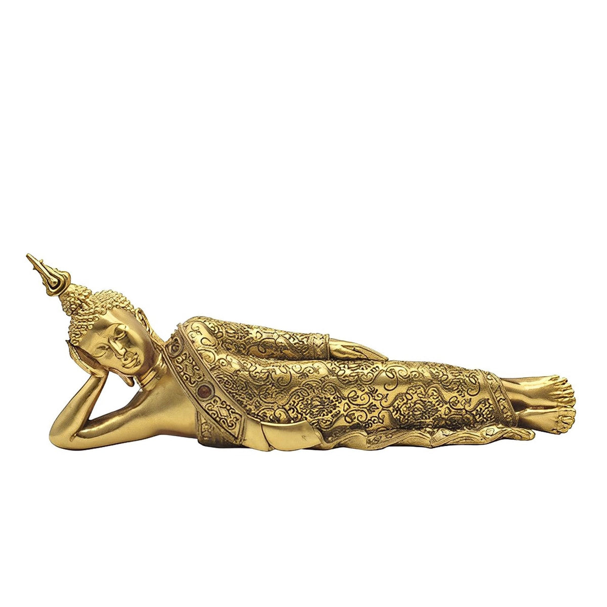 ICE ARMOR 14" W Gold Reclining Thai Buddha Statue Feng Shui Decoration Religious Figurine