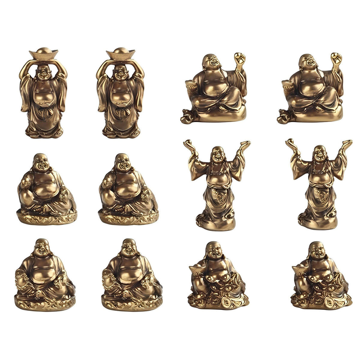 ICE ARMOR 12-PC Miniature Gold Maitreya Buddha in Different Poses 2" H Feng Shui Statue Decoration Figurine Set