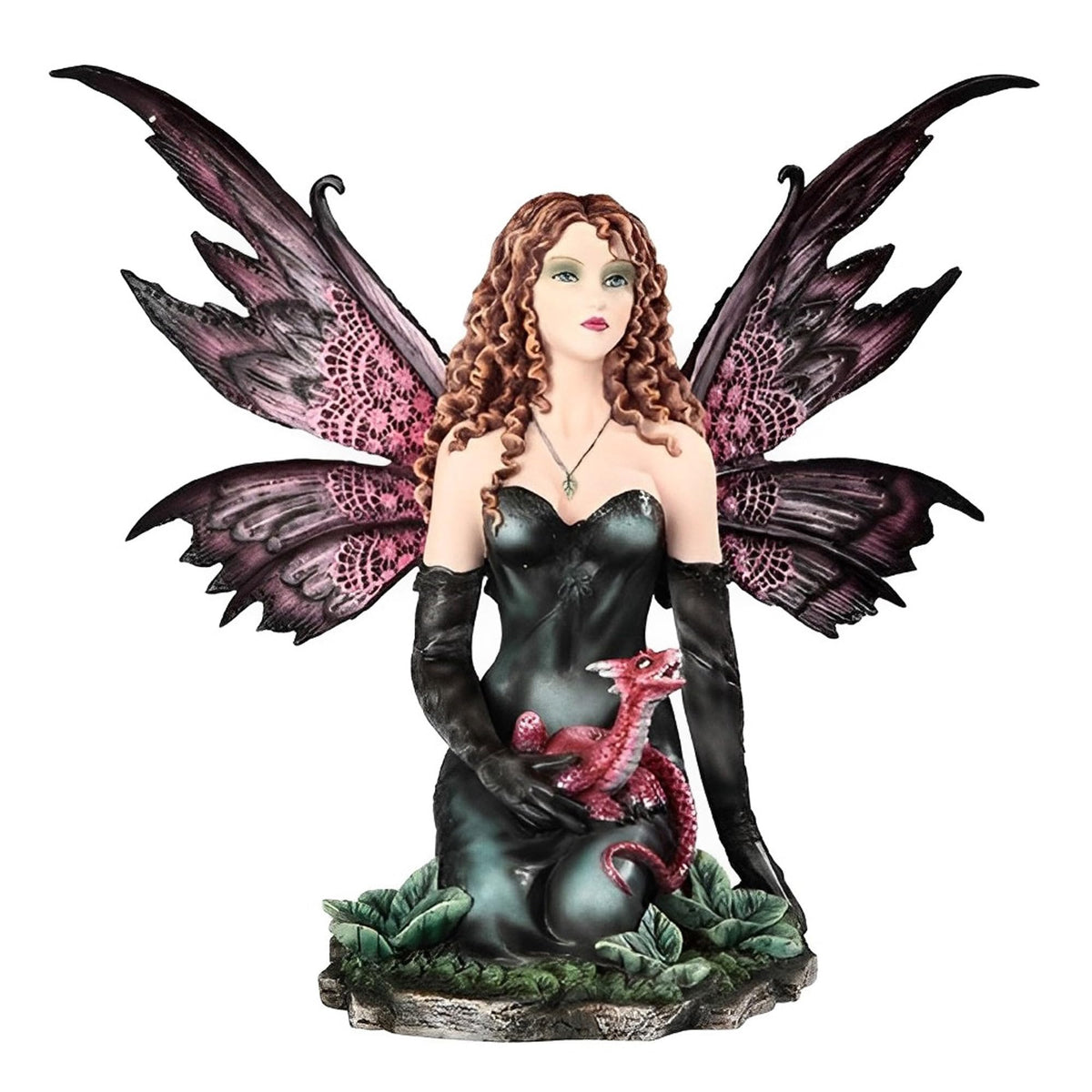 ICE ARMOR 14" W Purple/Pink Winged Gothic Black Fairy with Red Baby Dragon Statue Fantasy Decoration Figurine
